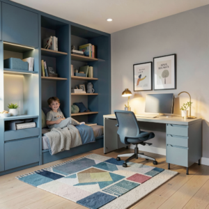 Une chambre garçon moderne avec des couleurs neutres et des étagères sur mesure.
