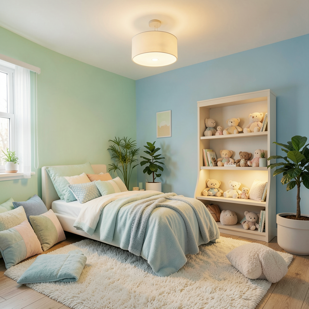 Chambre sensorielle avec couleurs apaisantes et éléments doux pour enfant autiste