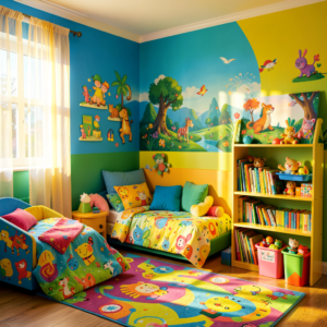 Chambre d’enfant colorée avec des murs peints en bleu et des éléments décoratifs ludiques