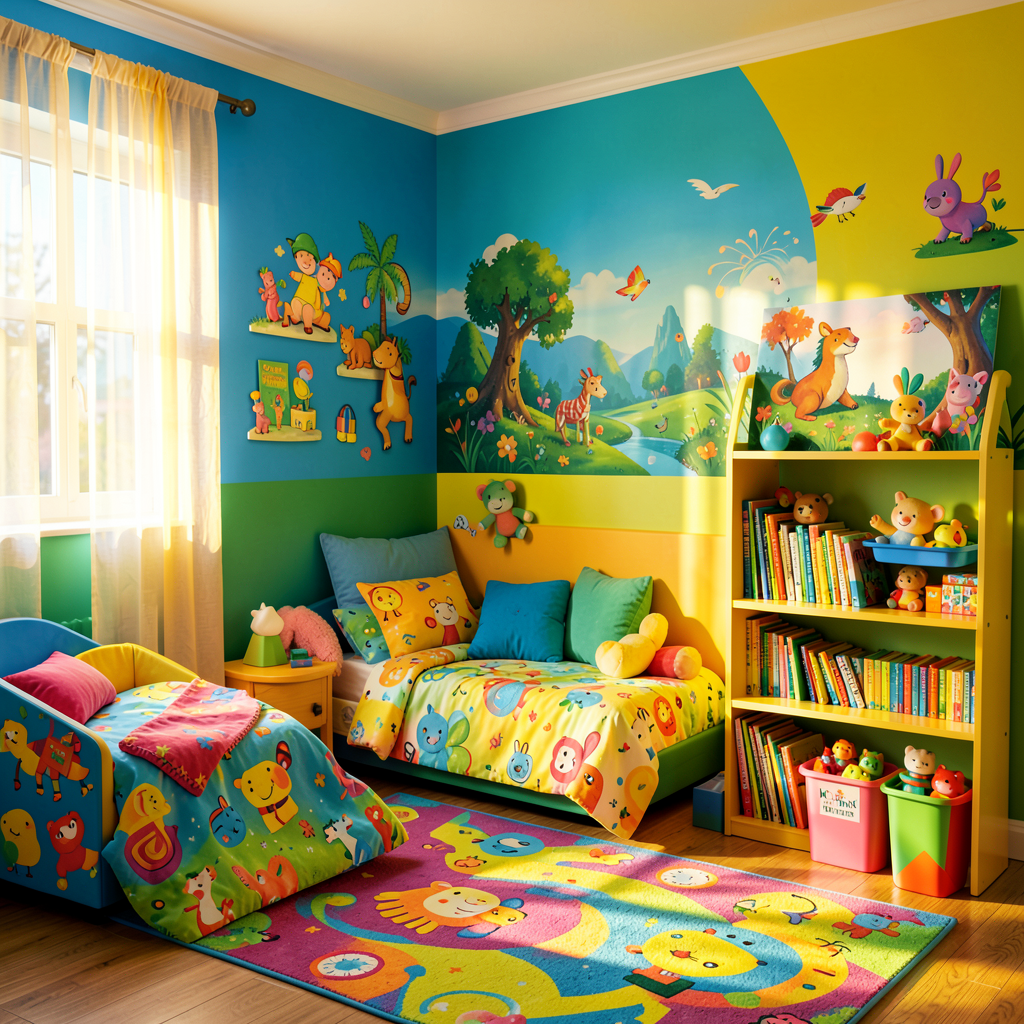 Chambre d’enfant colorée avec des murs peints en bleu et des éléments décoratifs ludiques