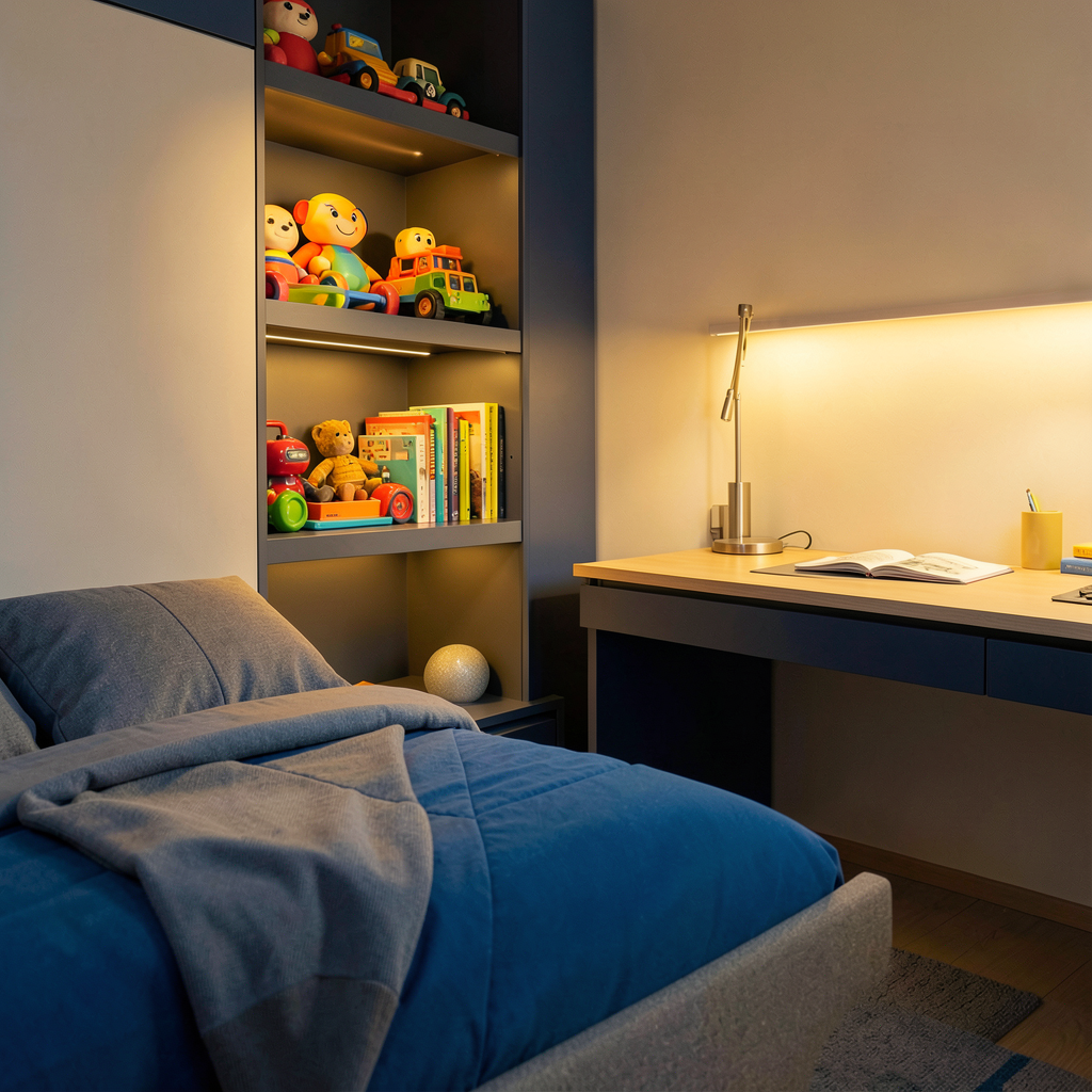 Un coin de chambre enfant avec des éléments de décoration épurés et pratiques.