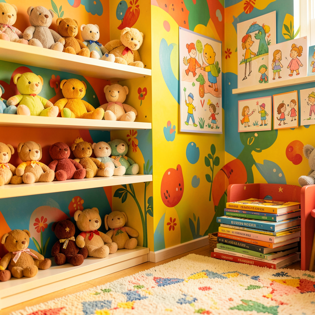 Étagère en bois avec jouets colorés sur fond de murs vives