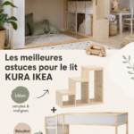 Un lit KURA d'IKEA joliment aménagé pour une chambre d'enfant, avec des thèmes colorés et des rangements astucieux.