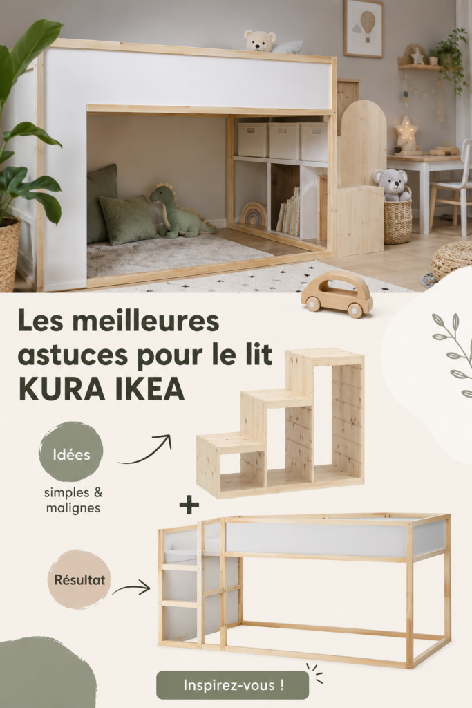 Un lit KURA d'IKEA joliment aménagé pour une chambre d'enfant, avec des thèmes colorés et des rangements astucieux.