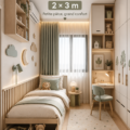 Chambre d’enfant décorée dans un espace de 2x3 m avec mobilier fonctionnel.