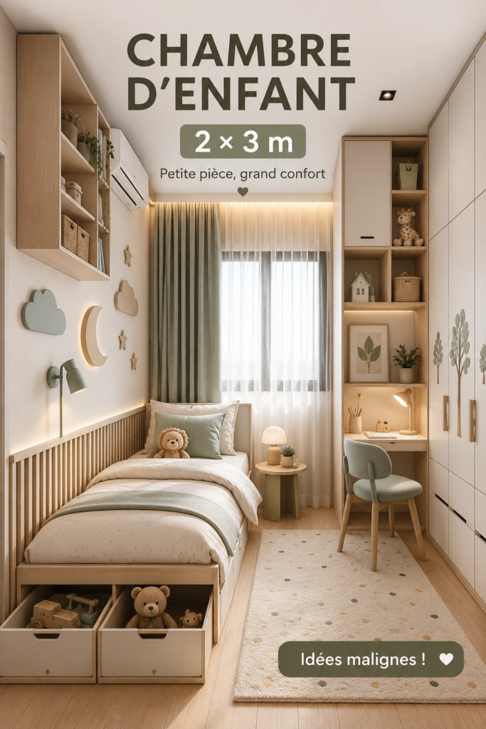 Chambre d’enfant décorée dans un espace de 2x3 m avec mobilier fonctionnel.