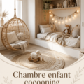 Chambre d'enfant scandinave au style cocooning avec des tons doux et des matériaux naturels.