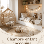 Chambre d'enfant scandinave au style cocooning avec des tons doux et des matériaux naturels.