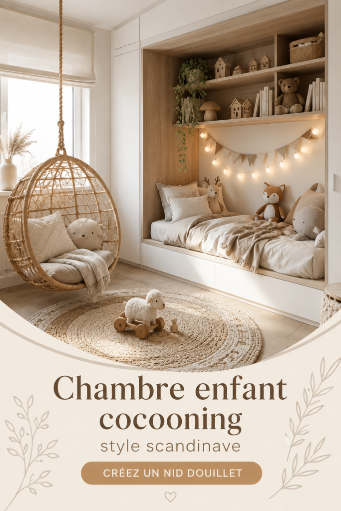 Chambre d'enfant scandinave au style cocooning avec des tons doux et des matériaux naturels.