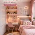 Chambre d'enfant rose avec un coin étude pratique et accueillant.
