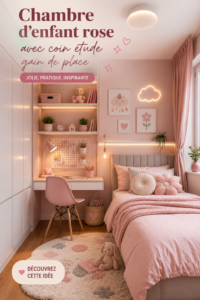 Chambre d'enfant rose avec un coin étude pratique et accueillant.