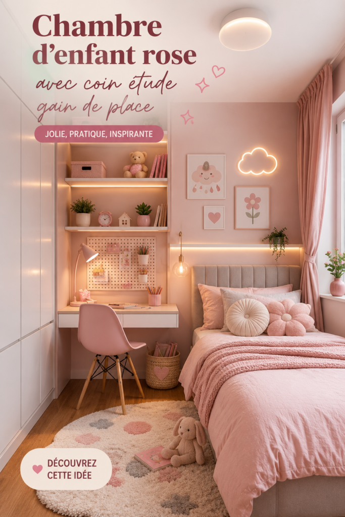 Chambre d'enfant rose avec un coin étude pratique et accueillant.