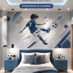 Chambre d'enfant décorée avec un papier peint sur le thème du football.