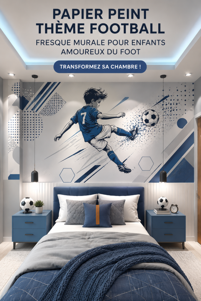 Chambre d'enfant décorée avec un papier peint sur le thème du football.
