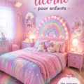 Chambre d'enfant décorée sur le thème des licornes avec des couleurs pastel et des éléments magiques.