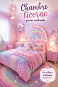 Chambre d'enfant décorée sur le thème des licornes avec des couleurs pastel et des éléments magiques.