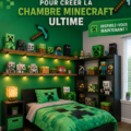 Chambre décorée sur le thème Minecraft, avec des éléments ludiques et colorés