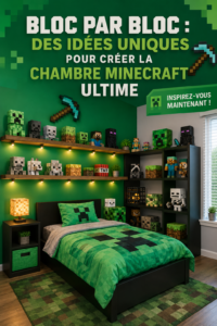 Chambre décorée sur le thème Minecraft, avec des éléments ludiques et colorés