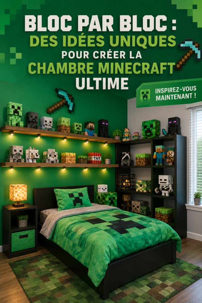 Chambre décorée sur le thème Minecraft, avec des éléments ludiques et colorés