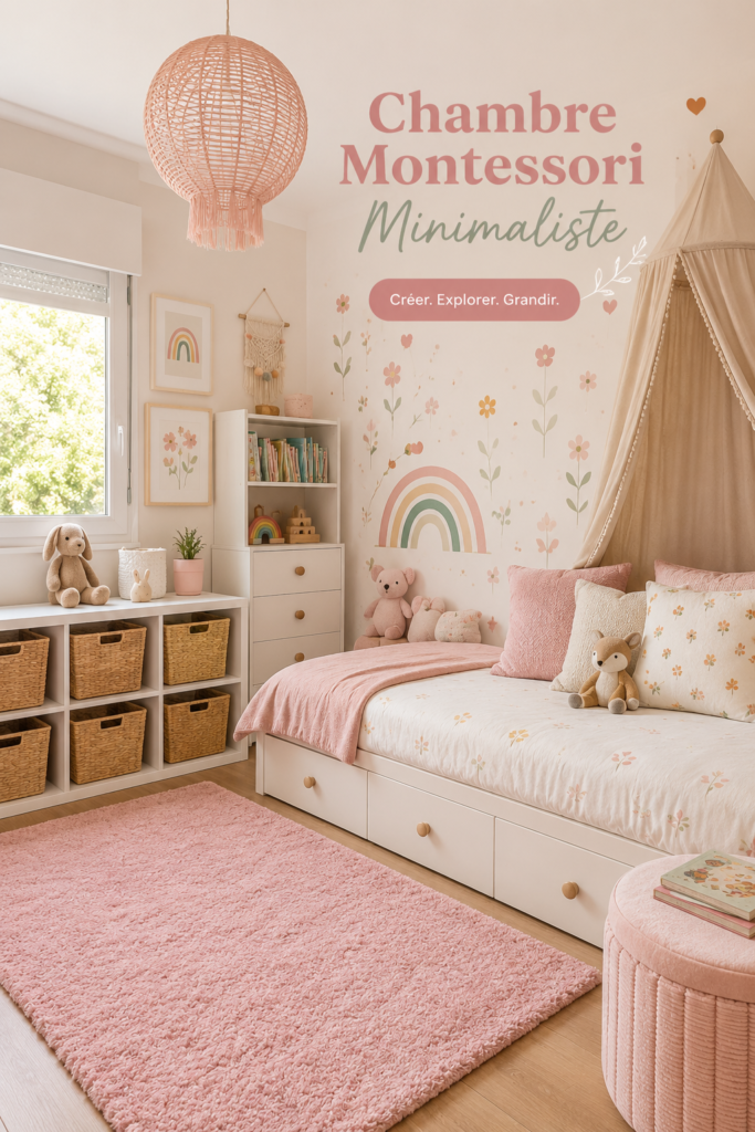 Chambre Montessori minimaliste pour enfant avec des meubles en bois clair et un espace confortable