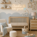Chambre décorée pour un petit garçon avec des couleurs douces et des éléments de décoration ludiques.