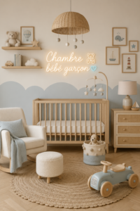 Chambre décorée pour un petit garçon avec des couleurs douces et des éléments de décoration ludiques.