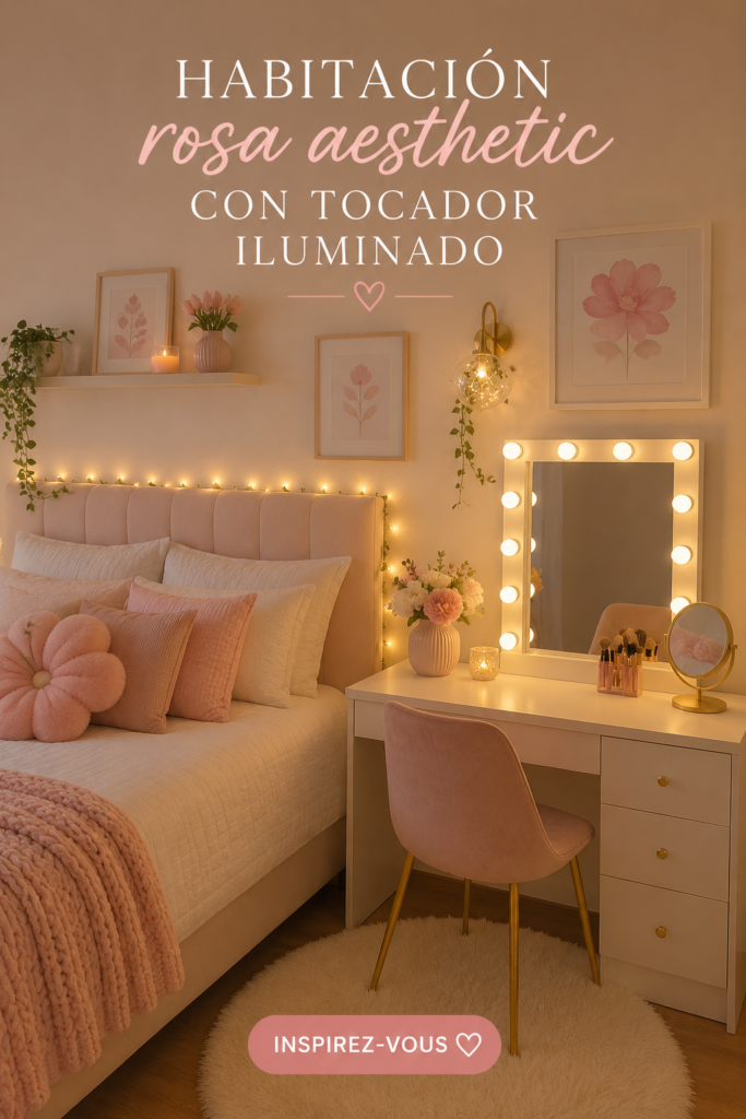 Chambre rose esthétique avec un miroir lumineux