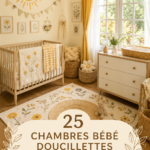 Chambre de bébé cosy au style cottage avec des couleurs douces et du mobilier en bois naturel.