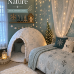 Chambre d'enfant boho inspirée par la nature avec des tons pastel et des décorations en bois.
