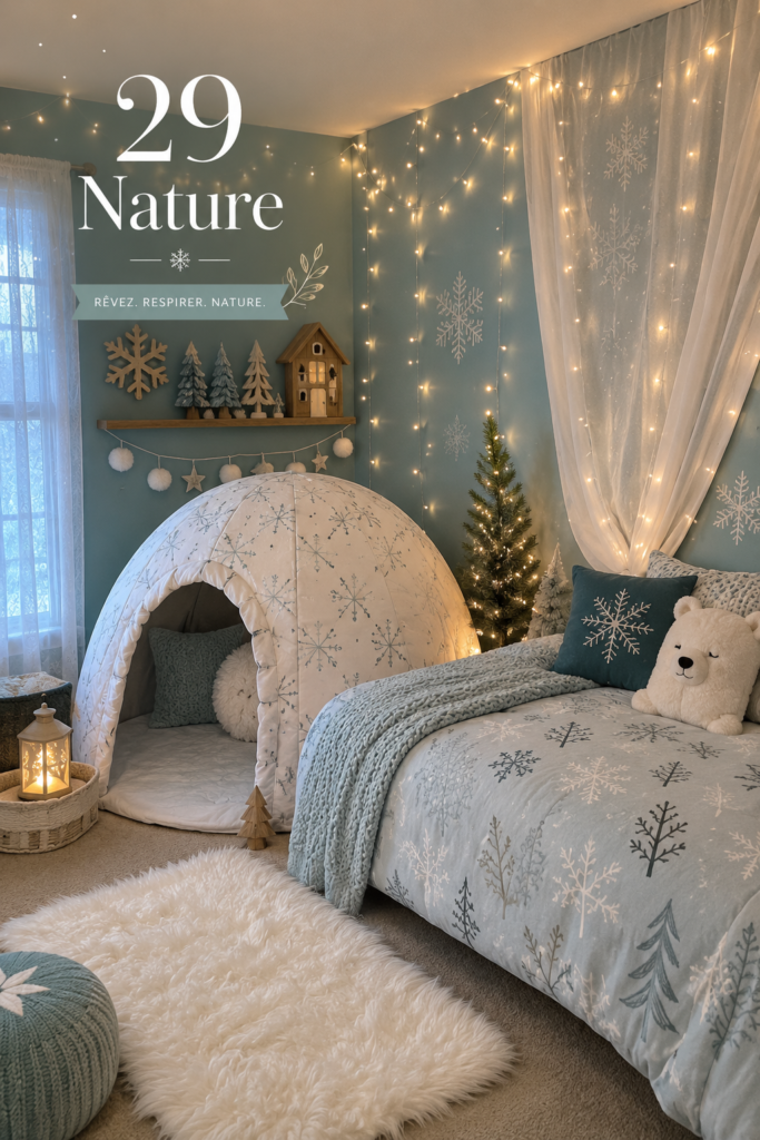 Chambre d'enfant boho inspirée par la nature avec des tons pastel et des décorations en bois.