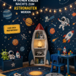 Une chambre d'enfant décorée sur le thème de l'espace avec des étoiles et des planètes.