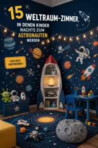 Une chambre d'enfant décorée sur le thème de l'espace avec des étoiles et des planètes.
