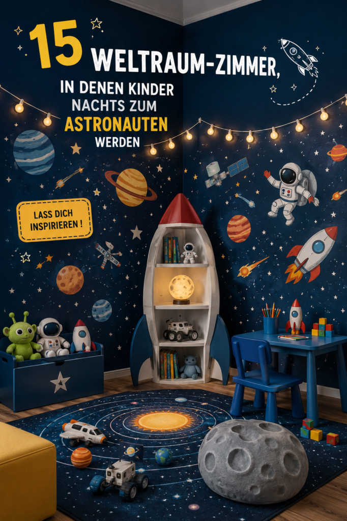 Une chambre d'enfant décorée sur le thème de l'espace avec des étoiles et des planètes.
