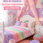 Chambre de petite fille décorée sur le thème des licornes avec des couleurs pastel