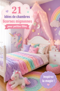 Chambre de petite fille décorée sur le thème des licornes avec des couleurs pastel
