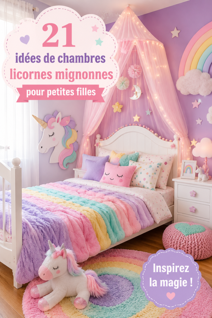 Chambre de petite fille décorée sur le thème des licornes avec des couleurs pastel