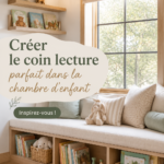 Un coin lecture chaleureux dans une chambre d'enfant, avec des coussins colorés et une petite étagère de livres.