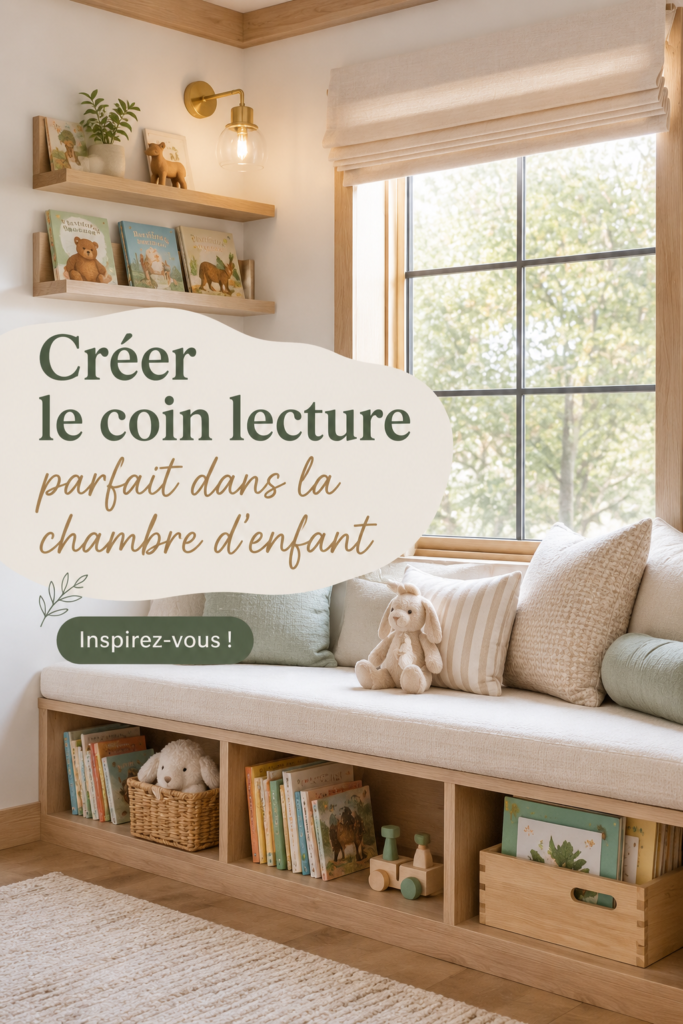 Un coin lecture chaleureux dans une chambre d'enfant, avec des coussins colorés et une petite étagère de livres.