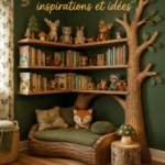 Un coin lecture coloré et accueillant pour enfants avec des coussins et une étagère pleine de livres