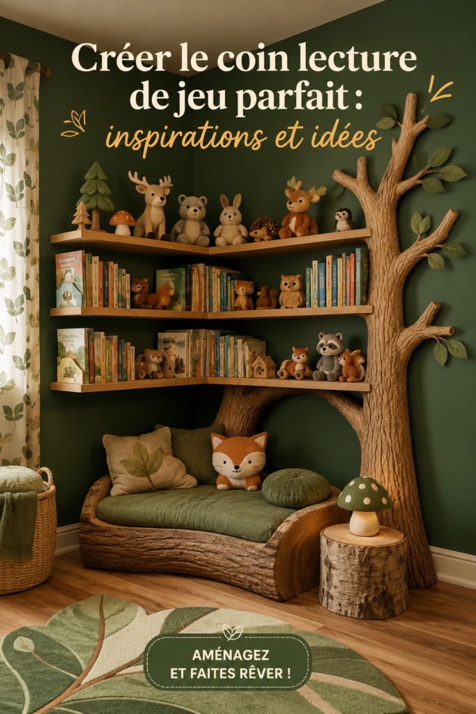 Un coin lecture coloré et accueillant pour enfants avec des coussins et une étagère pleine de livres