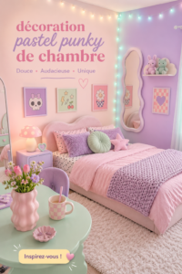 Chambre au style pastel punk avec des accents colorés