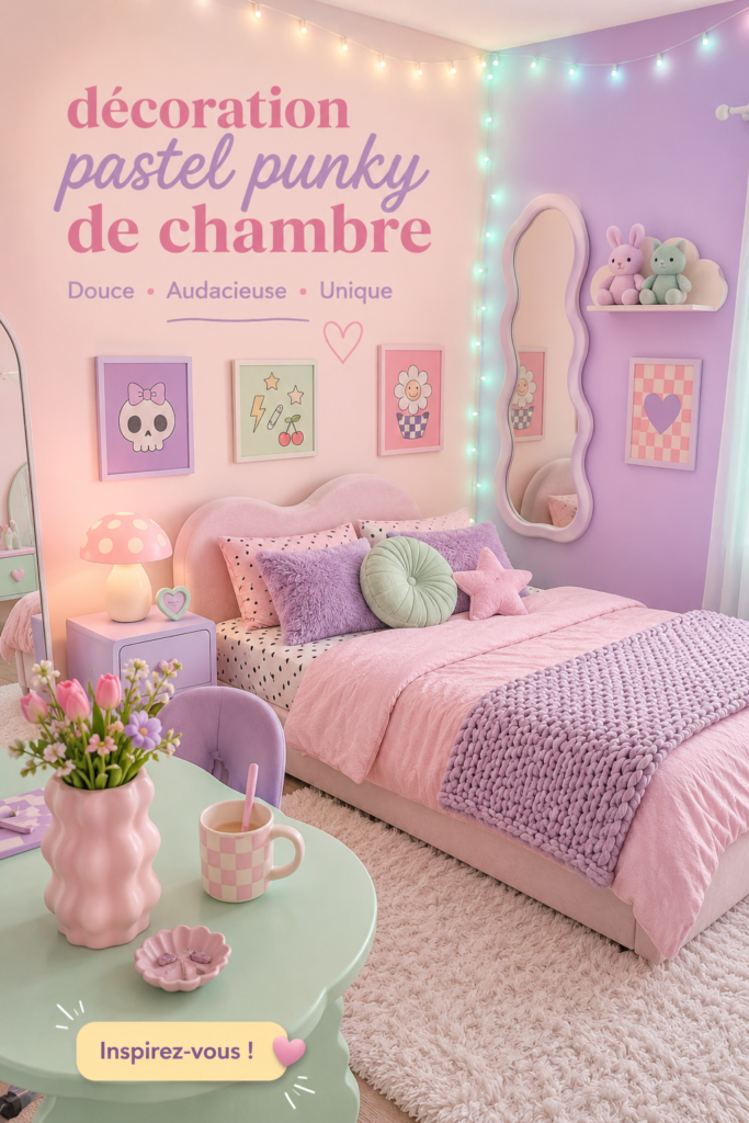 Chambre au style pastel punk avec des accents colorés