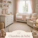 Une nursery élégante avec des murs roses et des meubles doux pour bébé.