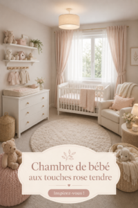 Une nursery élégante avec des murs roses et des meubles doux pour bébé.