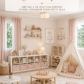 Salle de jeu cosy et organisée pour fille, décoration neutre et chaleureuse.