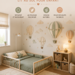 Un lit Montessori au sol dans une chambre d'enfant chaleureuse et accueillante.