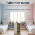 Lampe en forme de nuage suspendue dans une chambre d'enfant décorée avec douceur.