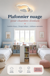 Lampe en forme de nuage suspendue dans une chambre d'enfant décorée avec douceur.