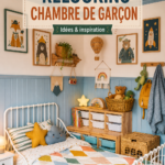 Chambre d'enfant décorée sur le thème des super-héros, avec des couleurs vives et des jouets organisés.