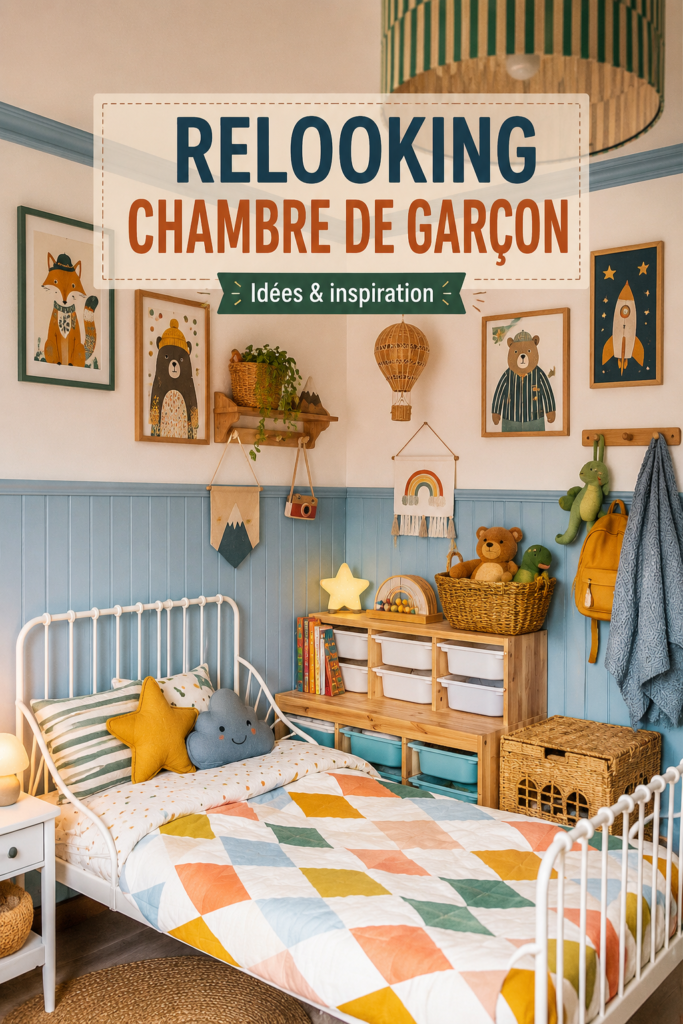 Chambre d'enfant décorée sur le thème des super-héros, avec des couleurs vives et des jouets organisés.